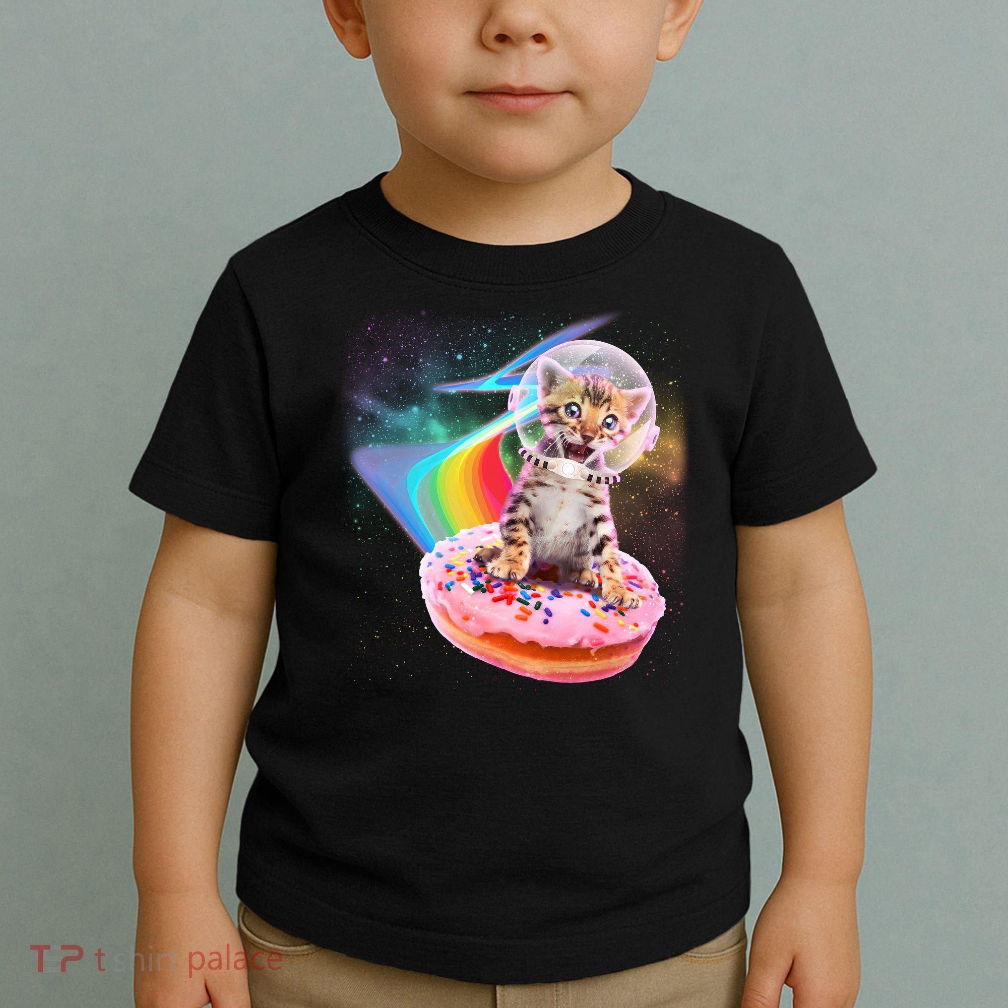 Funny Cute Astronaut Kitty On Rainbow Sprinkle Donut Toddler T-Shirt