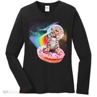 Funny Cute Astronaut Kitty On Rainbow Sprinkle Donut Women's Long Sleeve Shirt thumb 0
