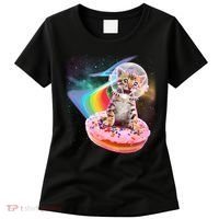 Funny Cute Astronaut Kitty On Rainbow Sprinkle Donut Women's T-Shirt thumb 0