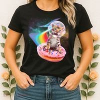 Funny Cute Astronaut Kitty On Rainbow Sprinkle Donut Women's T-Shirt thumb 2
