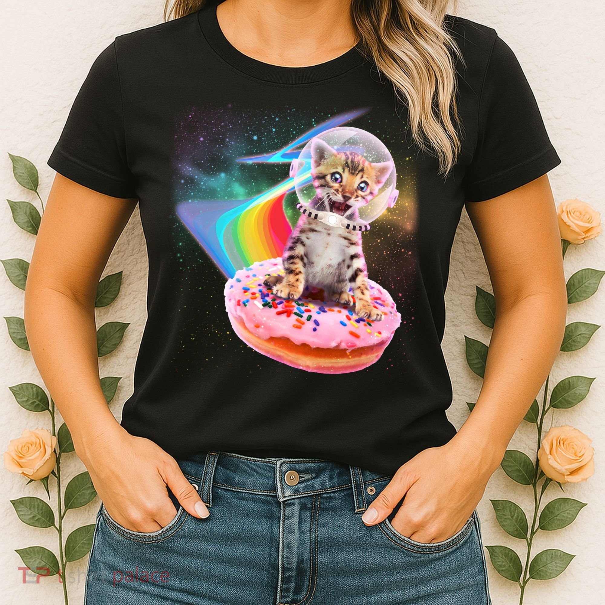 Funny Cute Astronaut Kitty On Rainbow Sprinkle Donut Women's T-Shirt