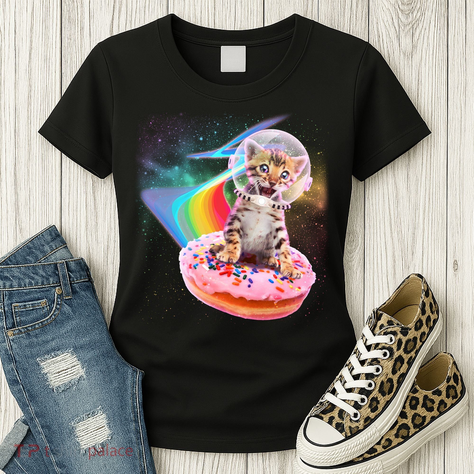 Funny Cute Astronaut Kitty On Rainbow Sprinkle Donut Women's T-Shirt