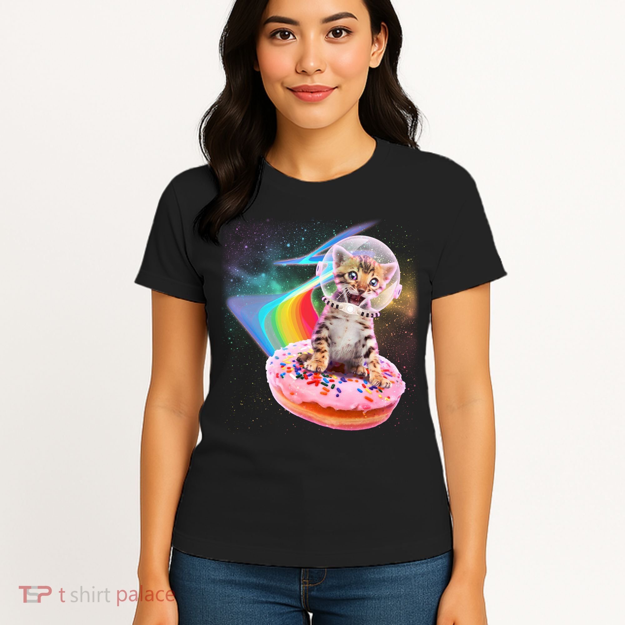 Funny Cute Astronaut Kitty On Rainbow Sprinkle Donut Women's T-Shirt