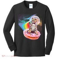 Funny Cute Astronaut Kitty On Rainbow Sprinkle Donut Kids Long Sleeve Shirt thumb 0