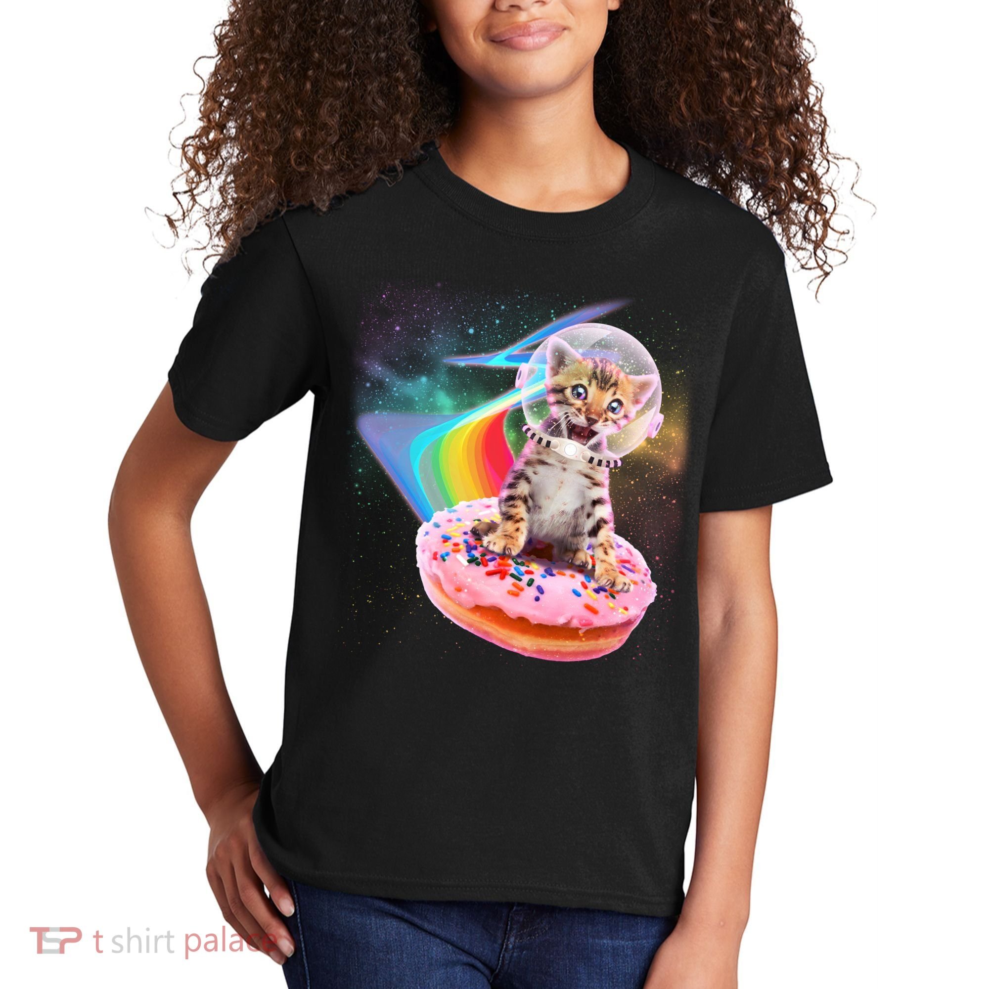 Funny Cute Astronaut Kitty On Rainbow Sprinkle Donut Kids T-Shirt