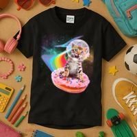 Funny Cute Astronaut Kitty On Rainbow Sprinkle Donut Kids T-Shirt thumb 3
