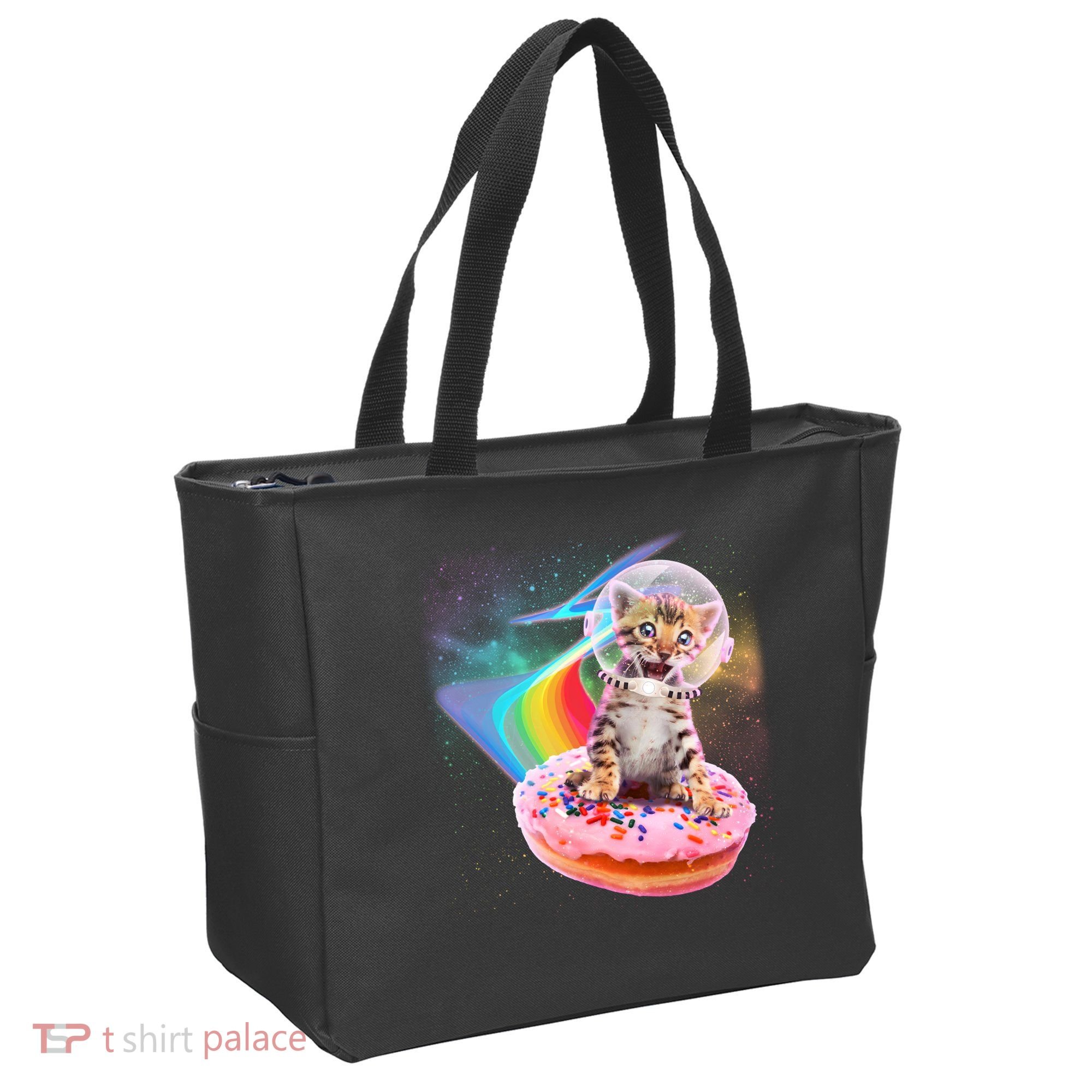 Funny Cute Astronaut Kitty On Rainbow Sprinkle Donut Tote Bag