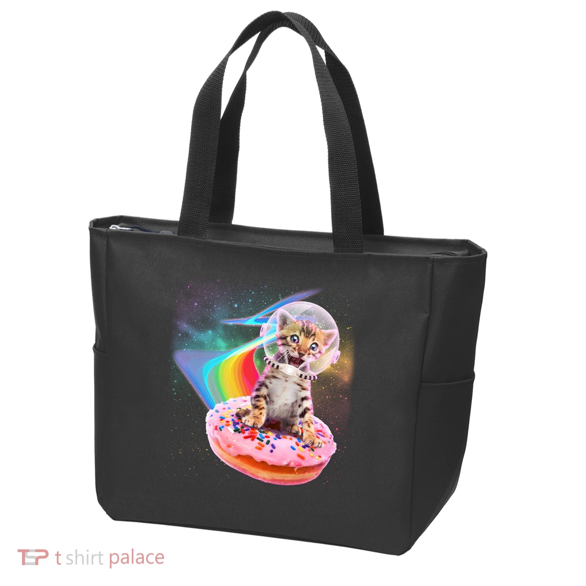 Funny Cute Astronaut Kitty On Rainbow Sprinkle Donut Tote Bag