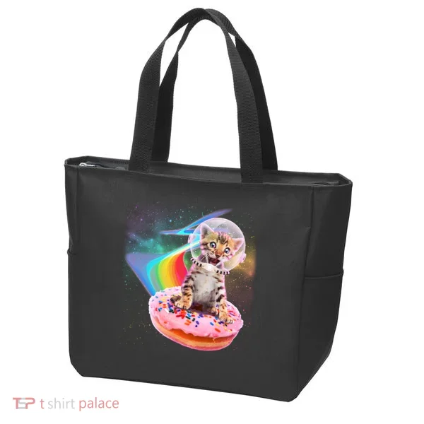 Funny Cute Astronaut Kitty On Rainbow Sprinkle Donut Tote Bag