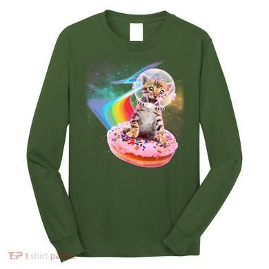 Funny Cute Astronaut Kitty On Rainbow Sprinkle Donut Long Sleeve Shirt