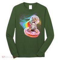 Funny Cute Astronaut Kitty On Rainbow Sprinkle Donut Long Sleeve Shirt thumb 0