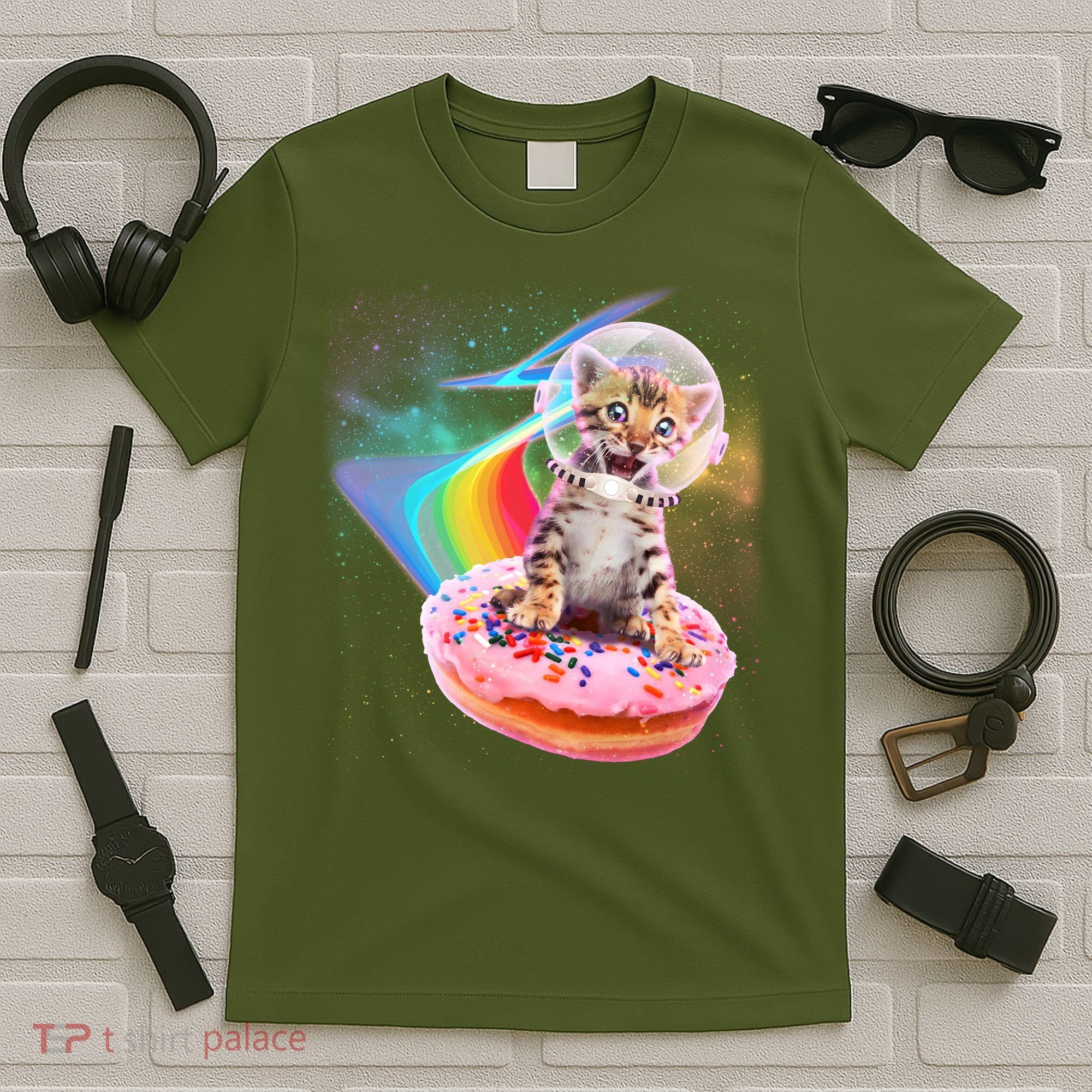 Funny Cute Astronaut Kitty On Rainbow Sprinkle Donut T-Shirt