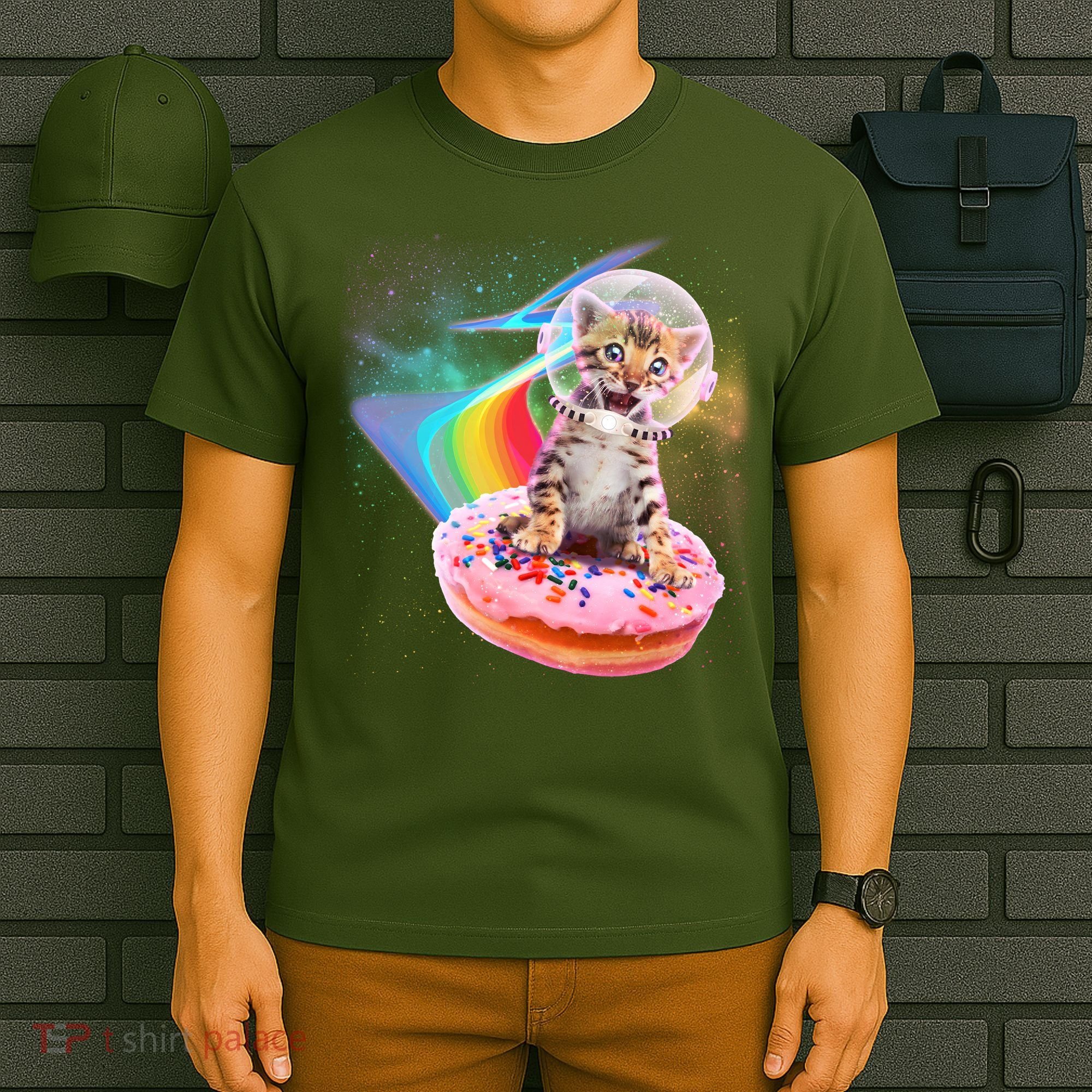 Funny Cute Astronaut Kitty On Rainbow Sprinkle Donut T-Shirt