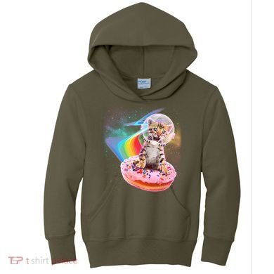 Funny Cute Astronaut Kitty On Rainbow Sprinkle Donut Kids Hoodie