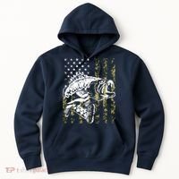 Fishing, Camouflage American Flag Fish, Bass Fish Fisherman Hoodie thumb 0