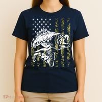 Fishing, Camouflage American Flag Fish, Bass Fish Fisherman T-Shirt thumb 4
