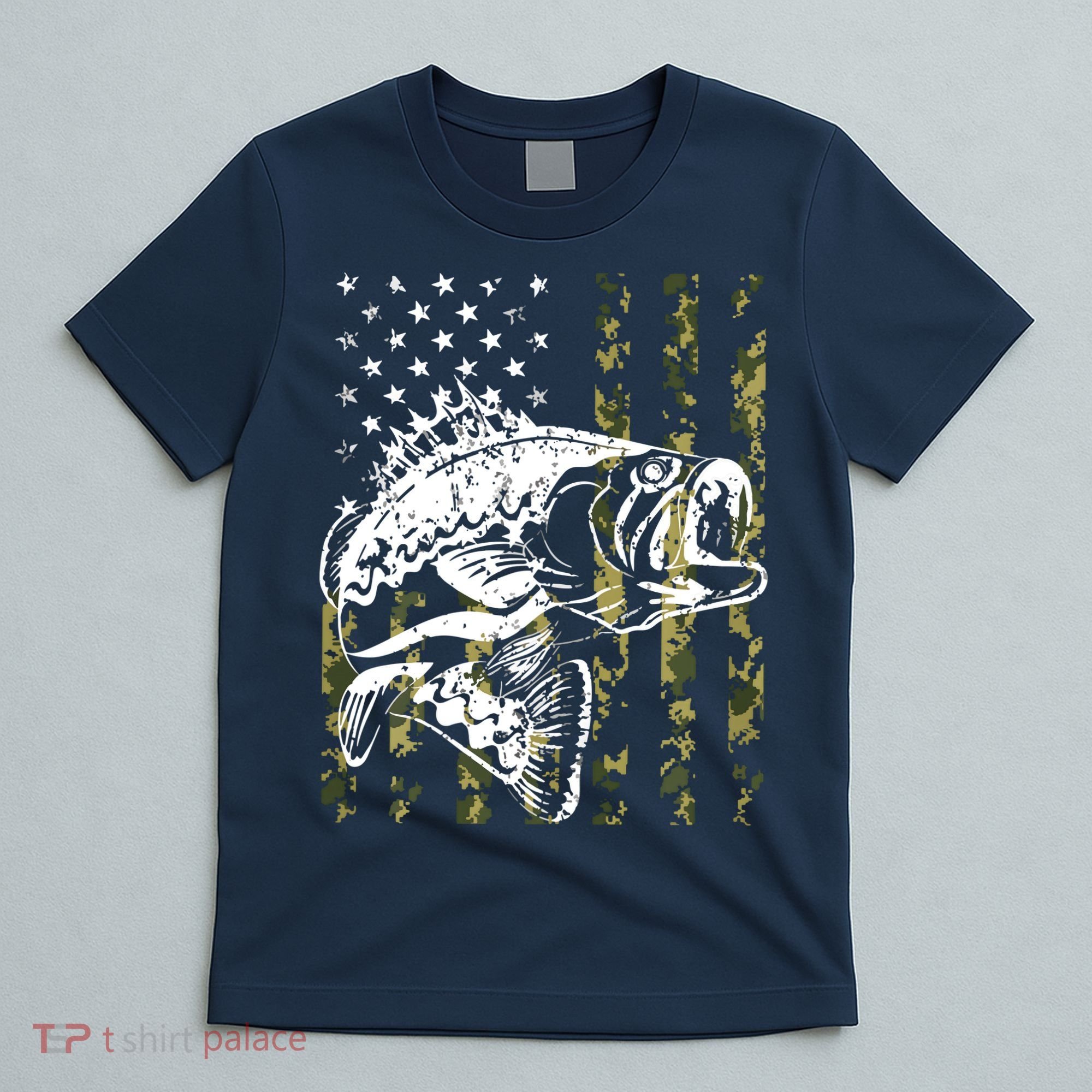 Fishing, Camouflage American Flag Fish, Bass Fish Fisherman T-Shirt