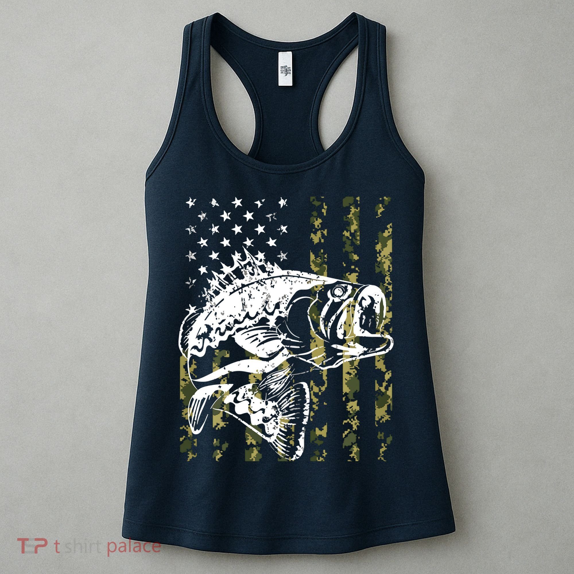 Fishing, Camouflage American Flag Fish, Bass Fish Fisherman Women's Tank Top