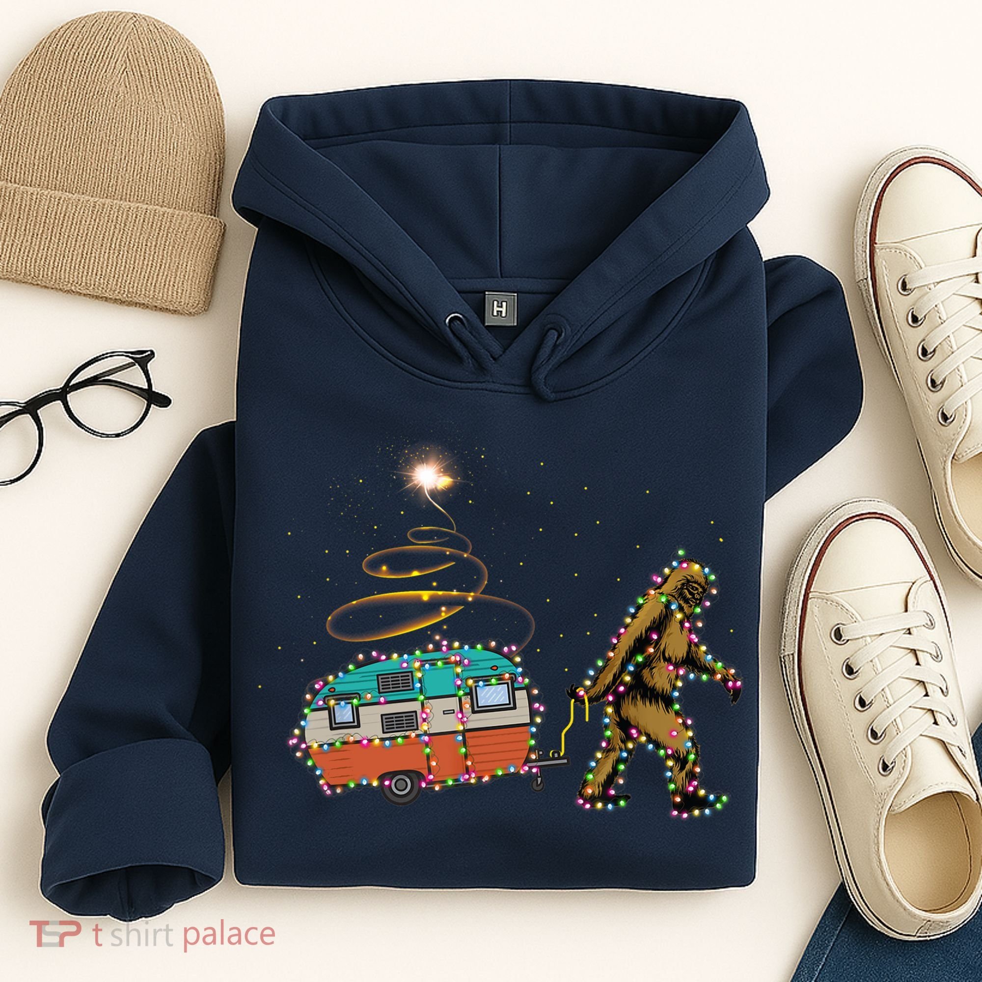 Funny Camping Bigfoot Light Christmas Tree Gifts Xmas Idea Hoodie