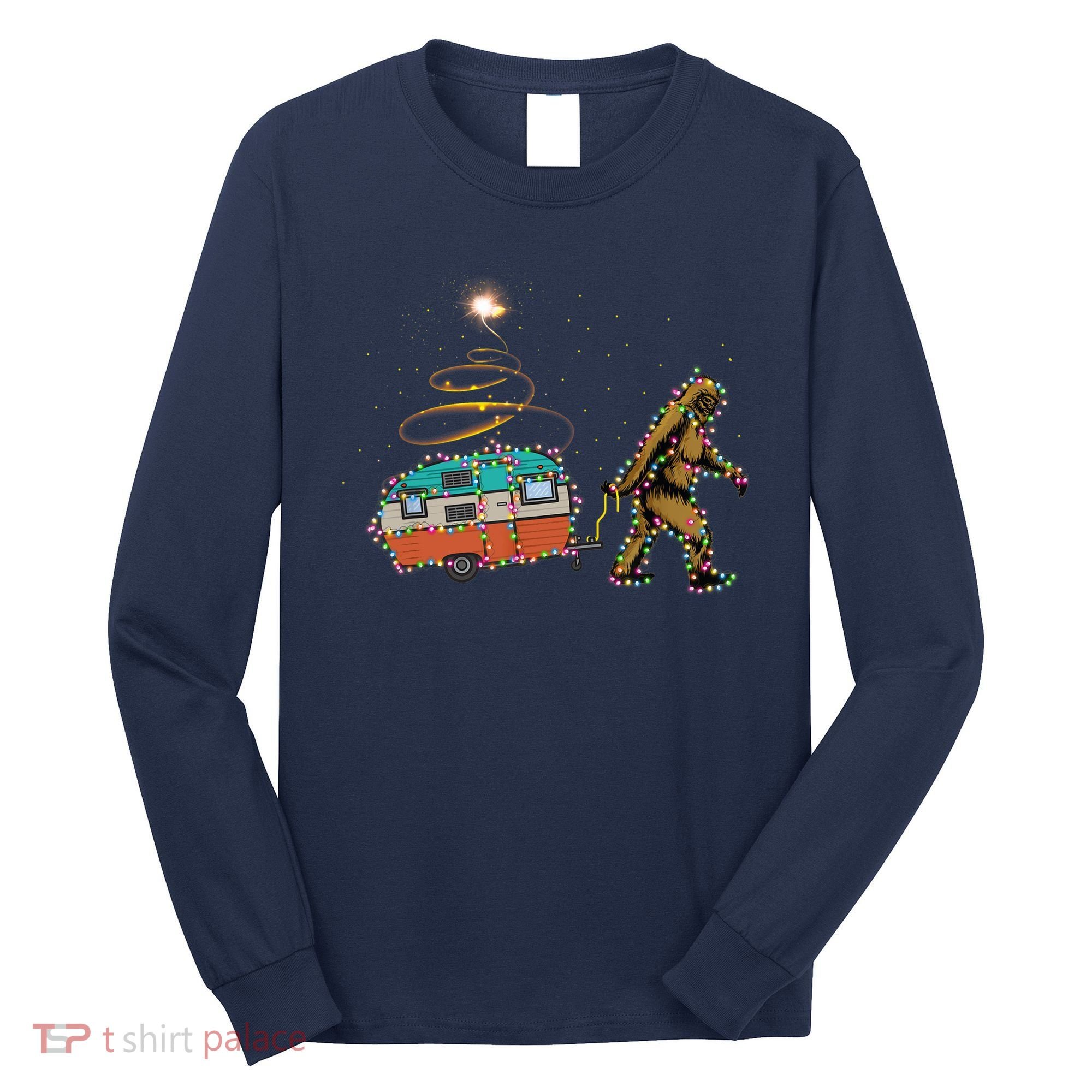 Funny Camping Bigfoot Light Christmas Tree Gifts Xmas Idea Long Sleeve Shirt