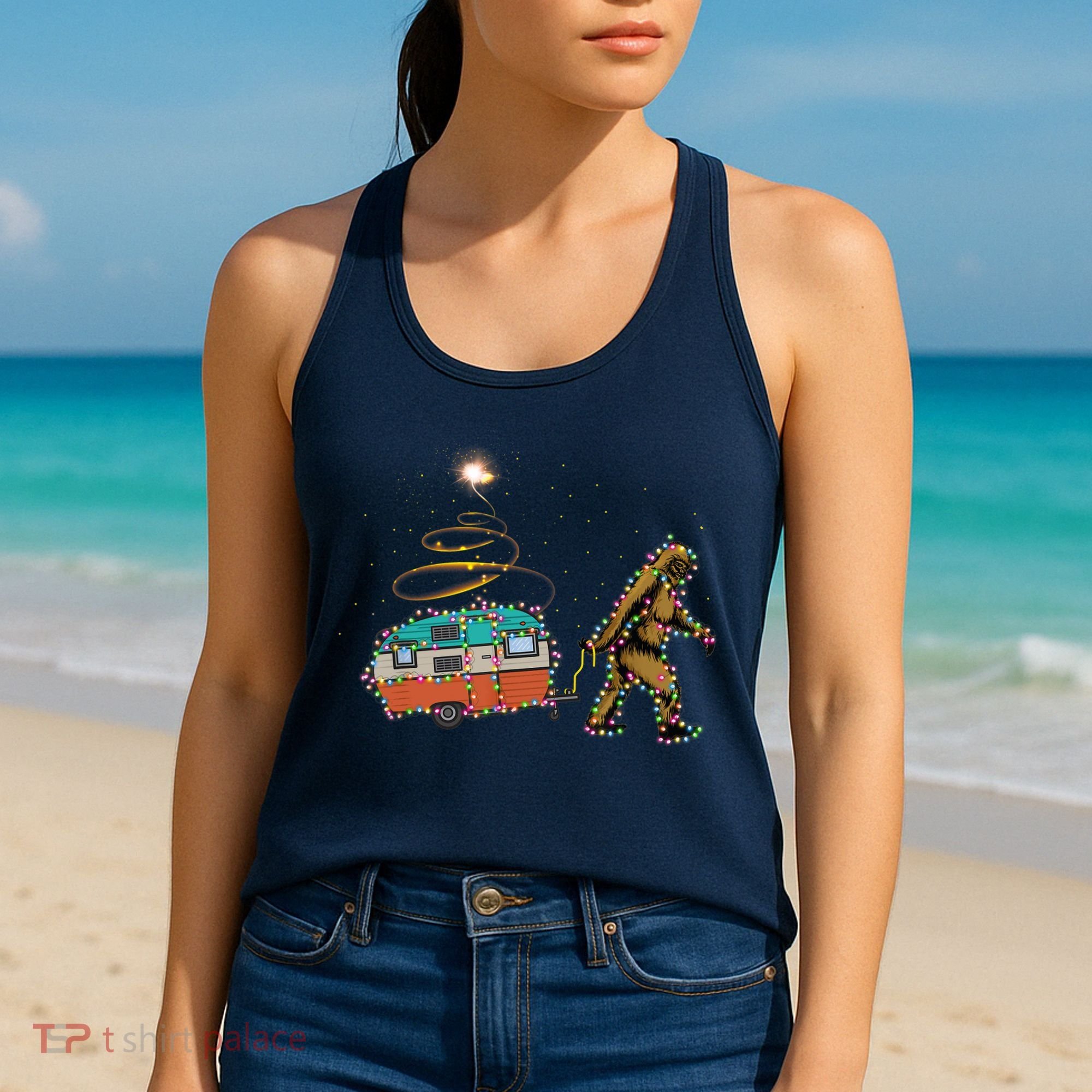 Funny Camping Bigfoot Light Christmas Tree Gifts Xmas Idea Women's Tank Top