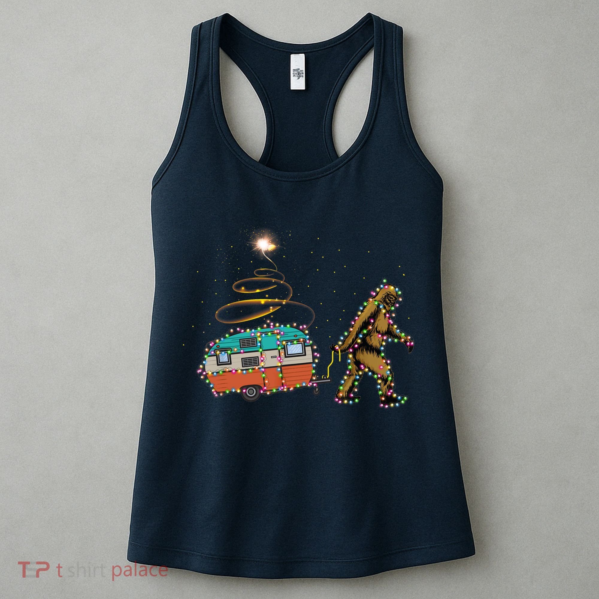 Funny Camping Bigfoot Light Christmas Tree Gifts Xmas Idea Women's Tank Top