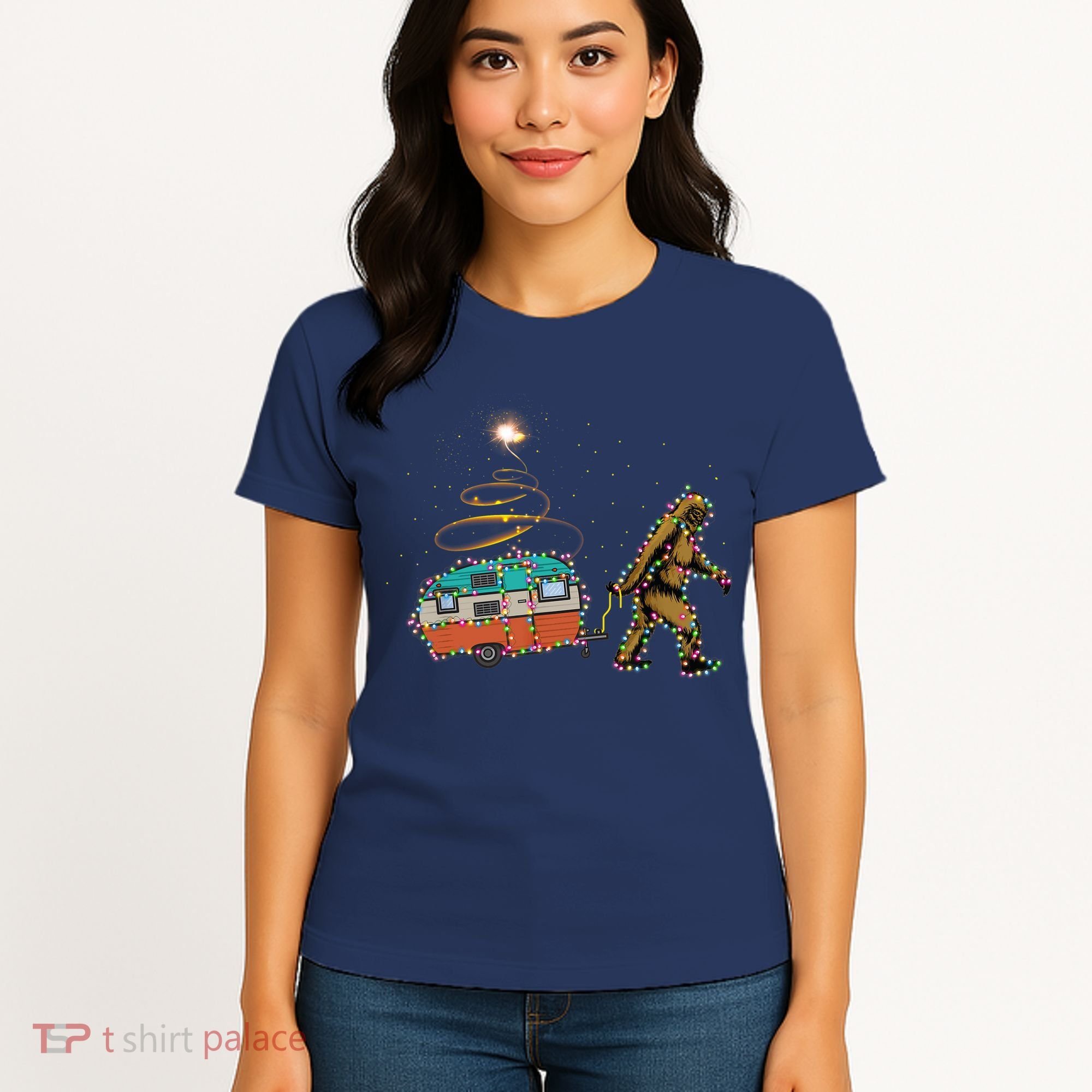 Funny Camping Bigfoot Light Christmas Tree Gifts Xmas Idea Women's T-Shirt