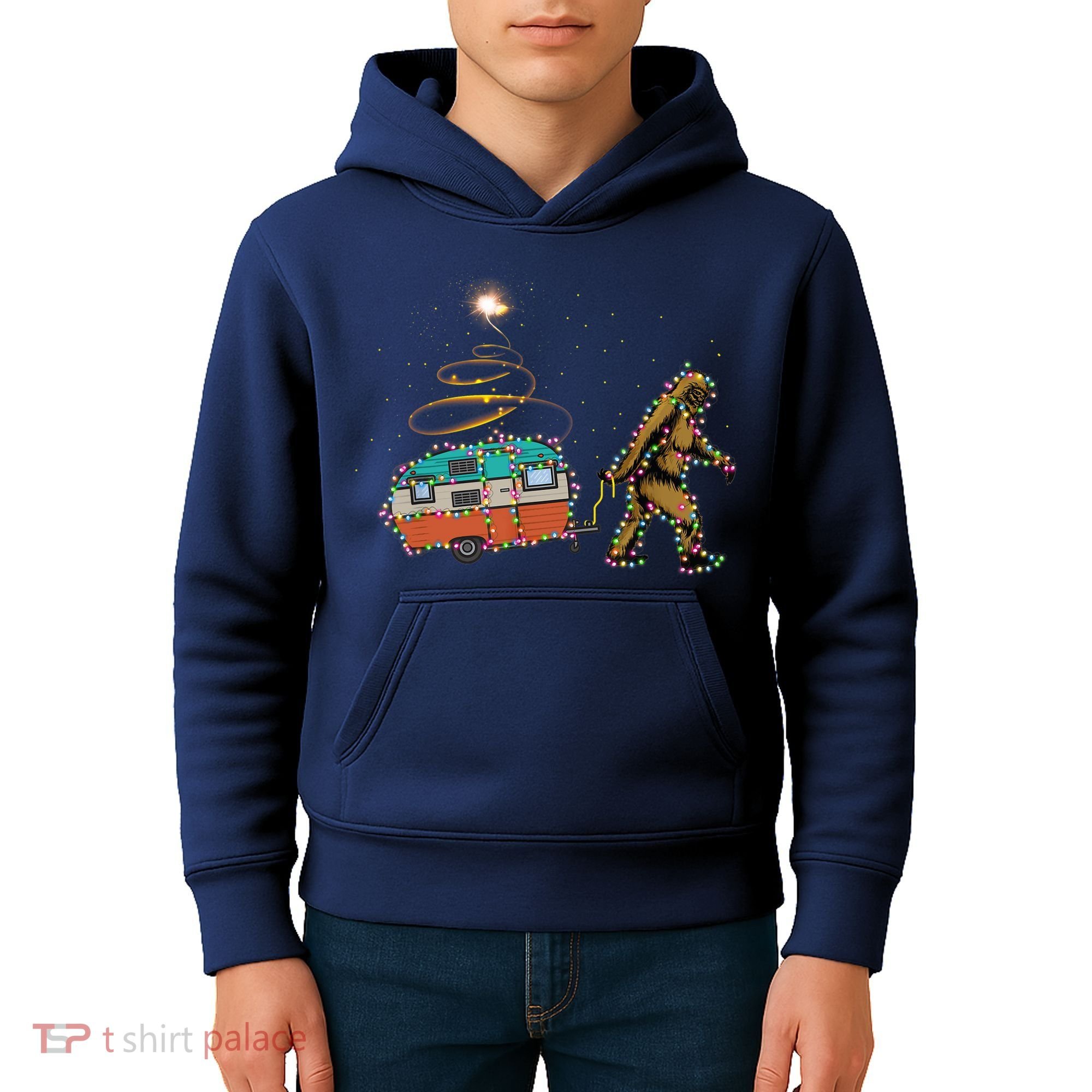 Funny Camping Bigfoot Light Christmas Tree Gifts Xmas Idea Kids Hoodie