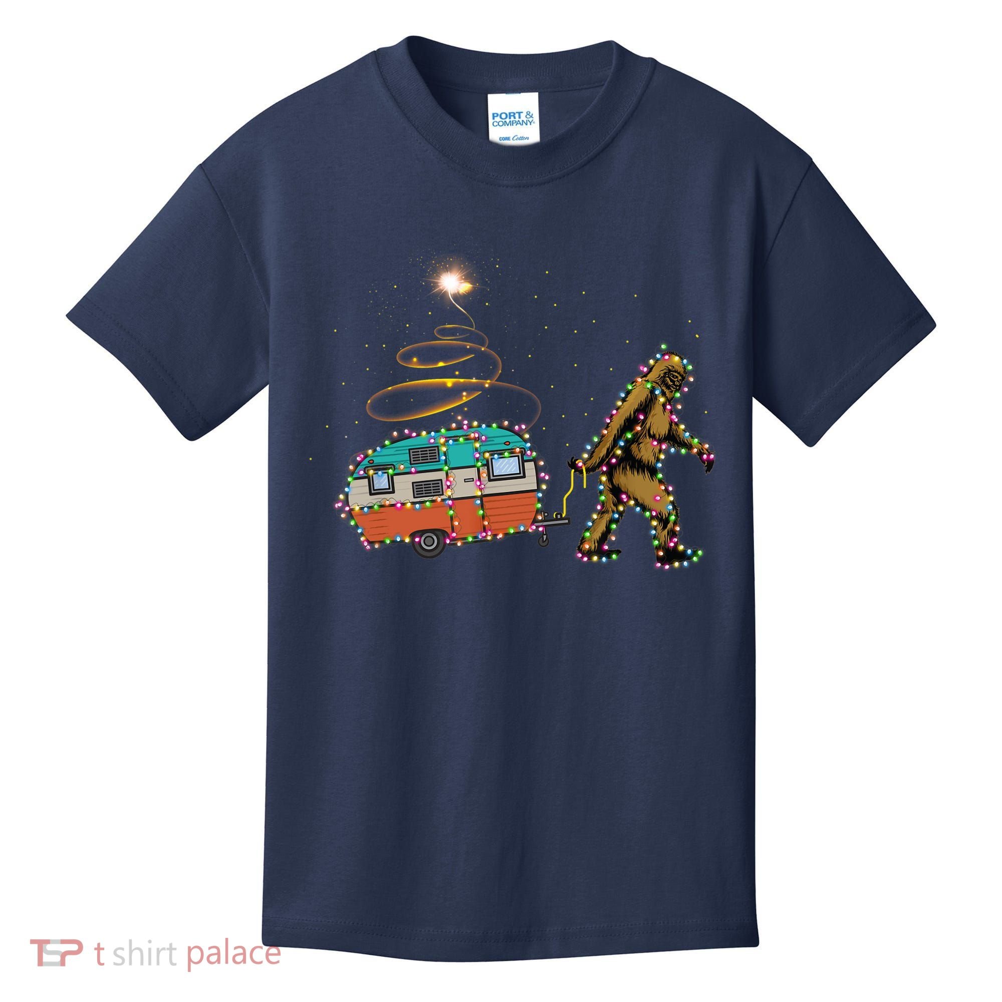 Funny Camping Bigfoot Light Christmas Tree Gifts Xmas Idea Kids T-Shirt