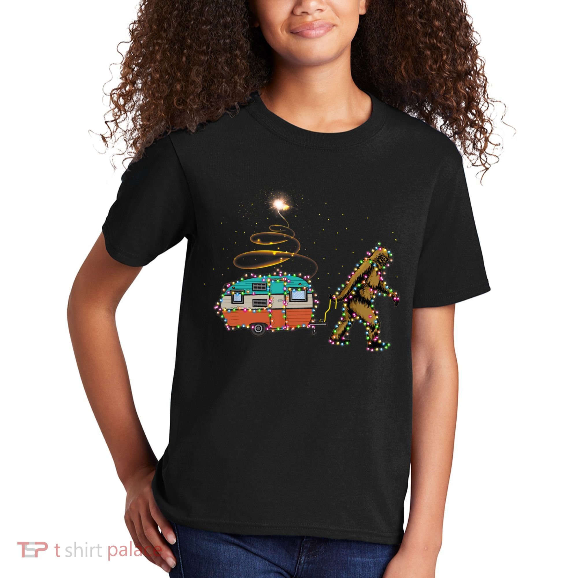 Funny Camping Bigfoot Light Christmas Tree Gifts Xmas Idea Kids T-Shirt