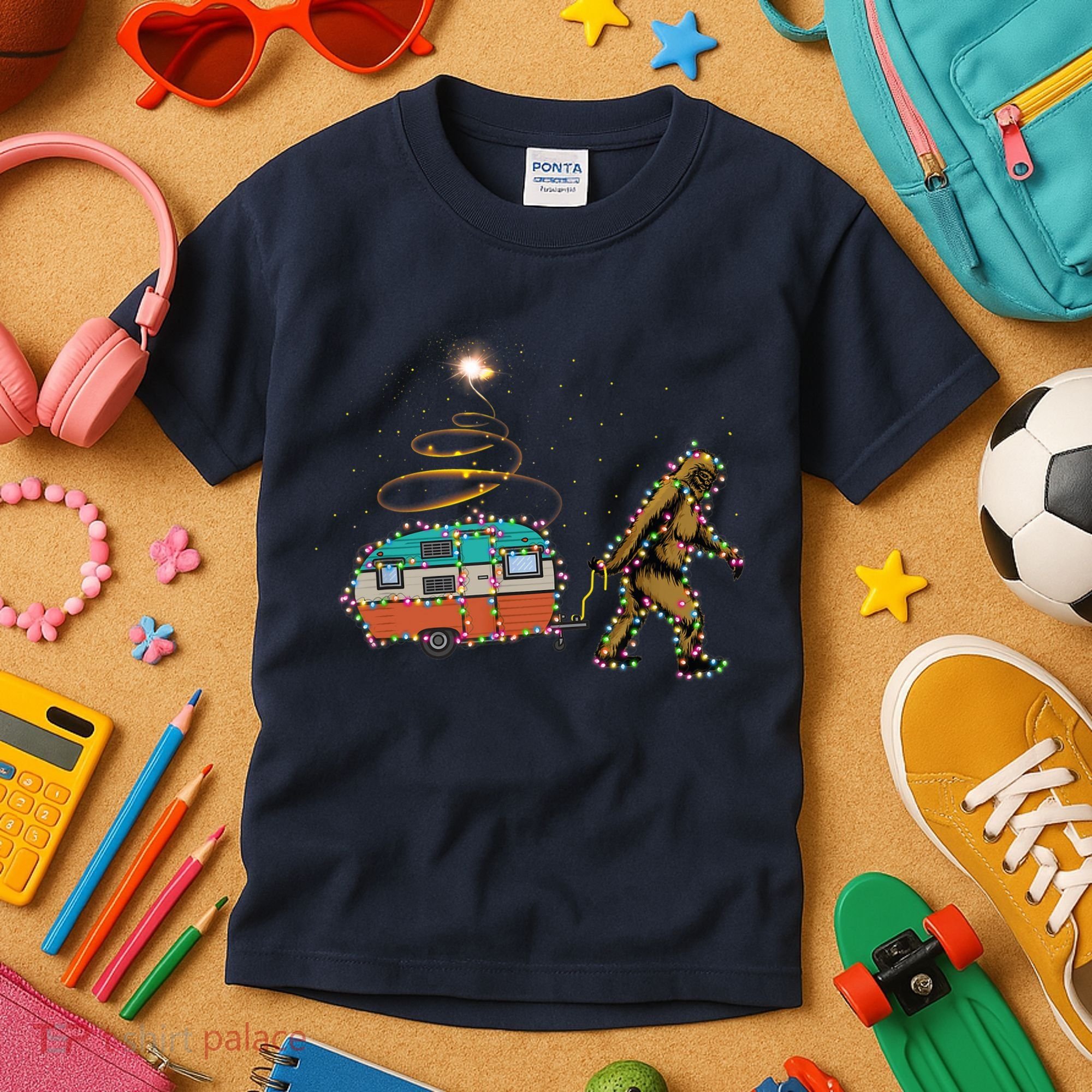 Funny Camping Bigfoot Light Christmas Tree Gifts Xmas Idea Kids T-Shirt