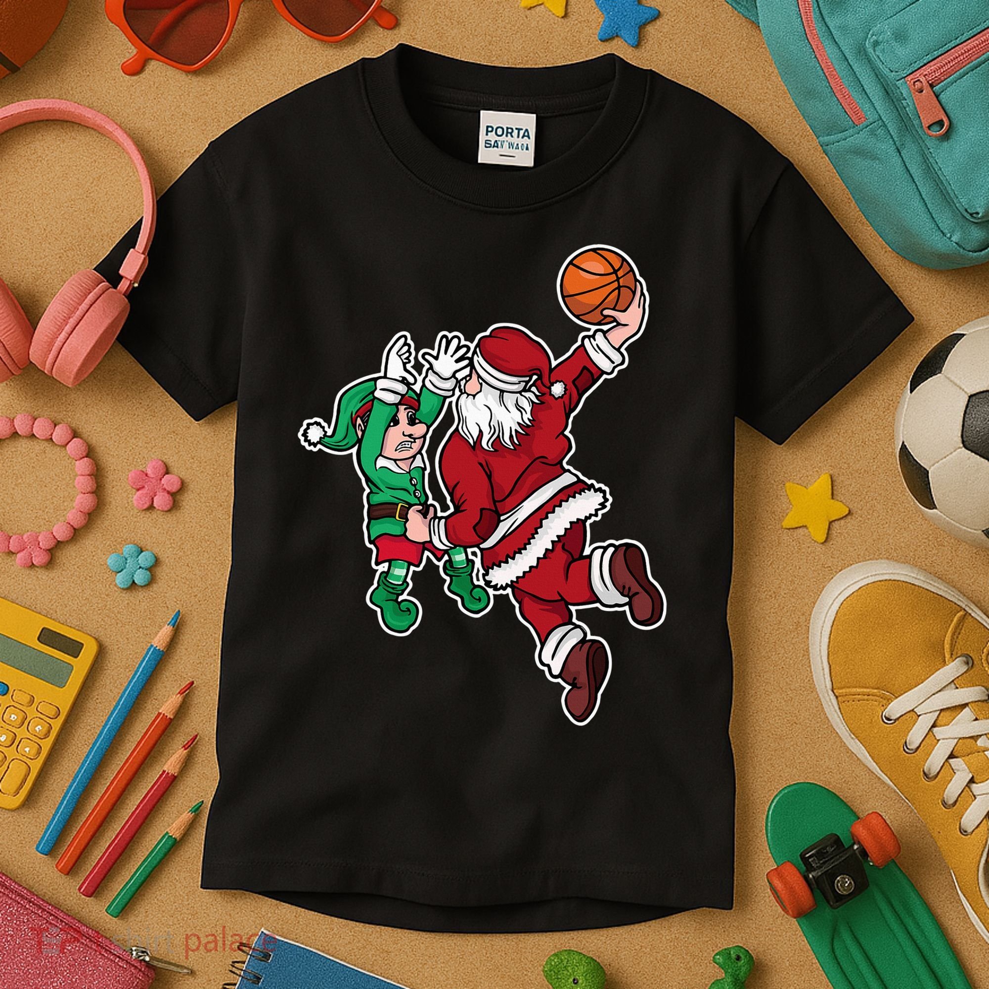 Funny Christmas Basketball Player Santa Claus Dunk Xmas Kids T-Shirt