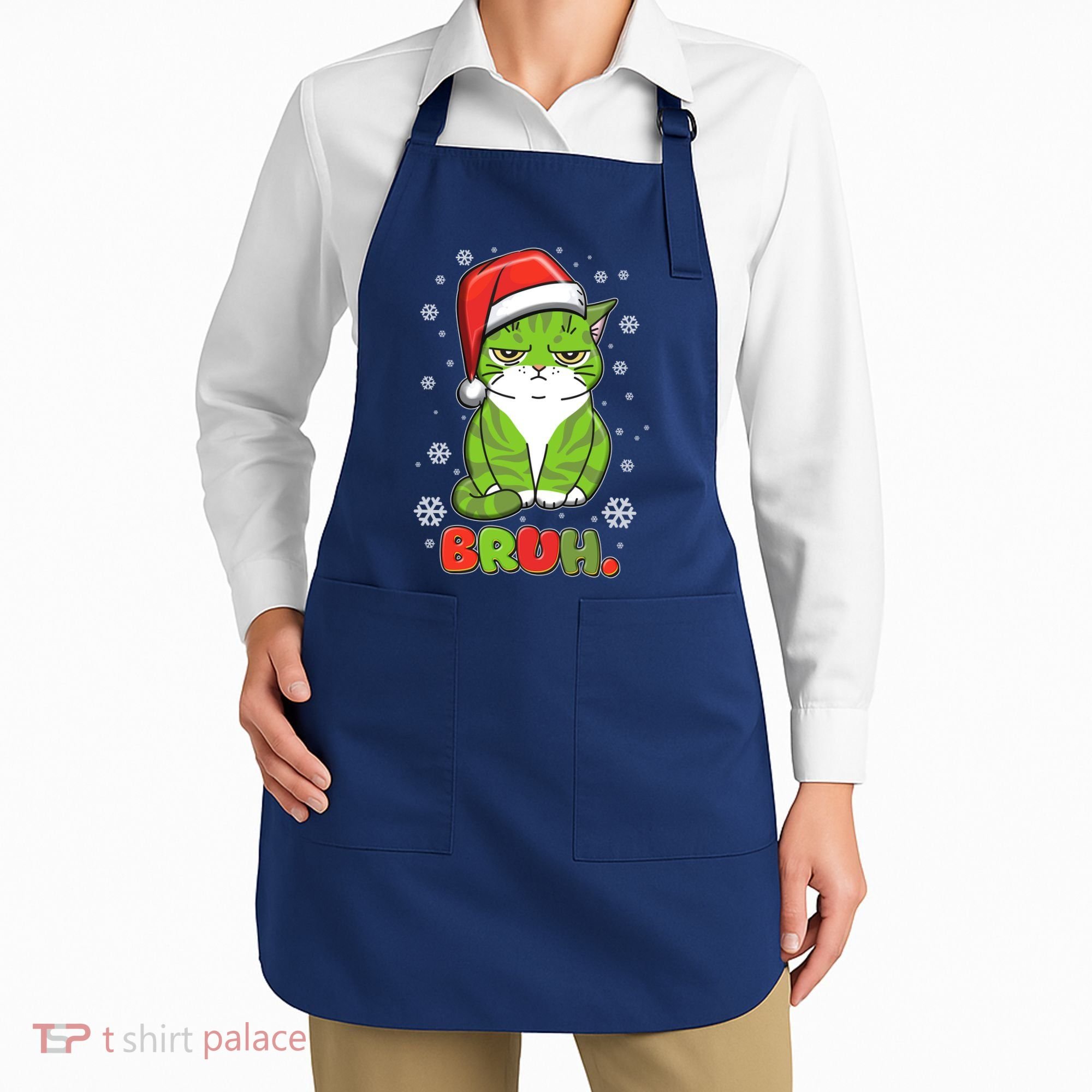Funny Christmas Bruh Grumpy Grinch Cat Apron