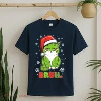 Funny Christmas Bruh Grumpy Grinch Cat T-Shirt thumb 2