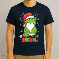 Funny Christmas Bruh Grumpy Grinch Cat T-Shirt thumb 3