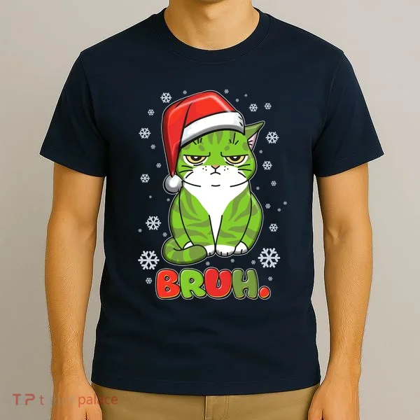 Funny Christmas Bruh Grumpy Grinch Cat T-Shirt