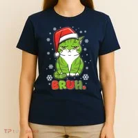 Funny Christmas Bruh Grumpy Grinch Cat T-Shirt thumb 4