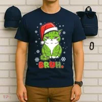 Funny Christmas Bruh Grumpy Grinch Cat T-Shirt thumb 6