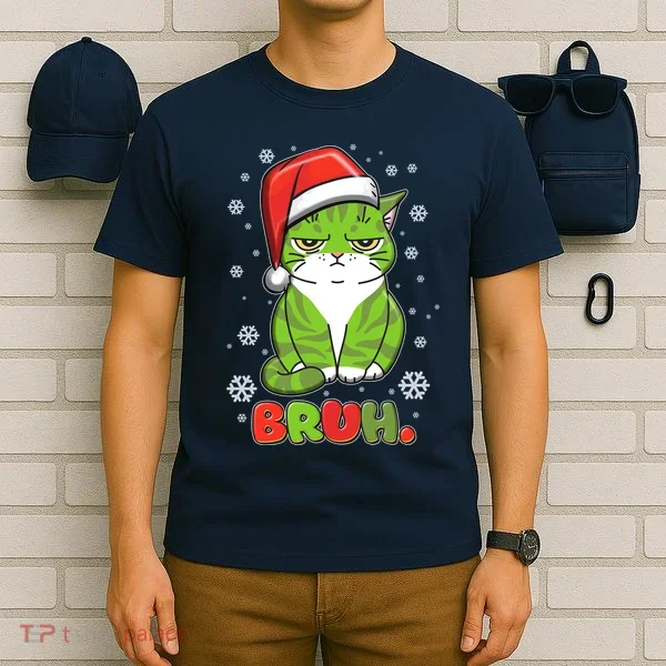 Funny Christmas Bruh Grumpy Grinch Cat T-Shirt