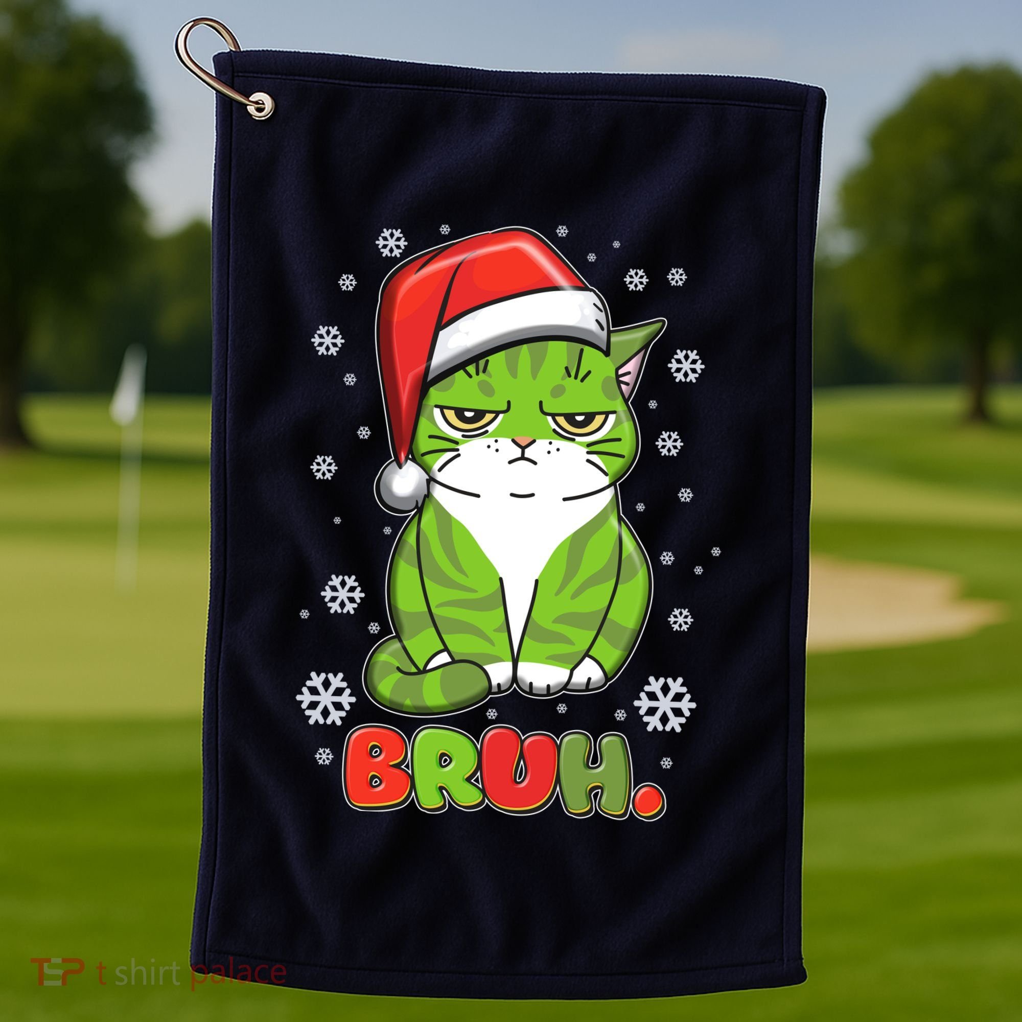 Funny Christmas Bruh Grumpy Grinch Cat Golf Towel
