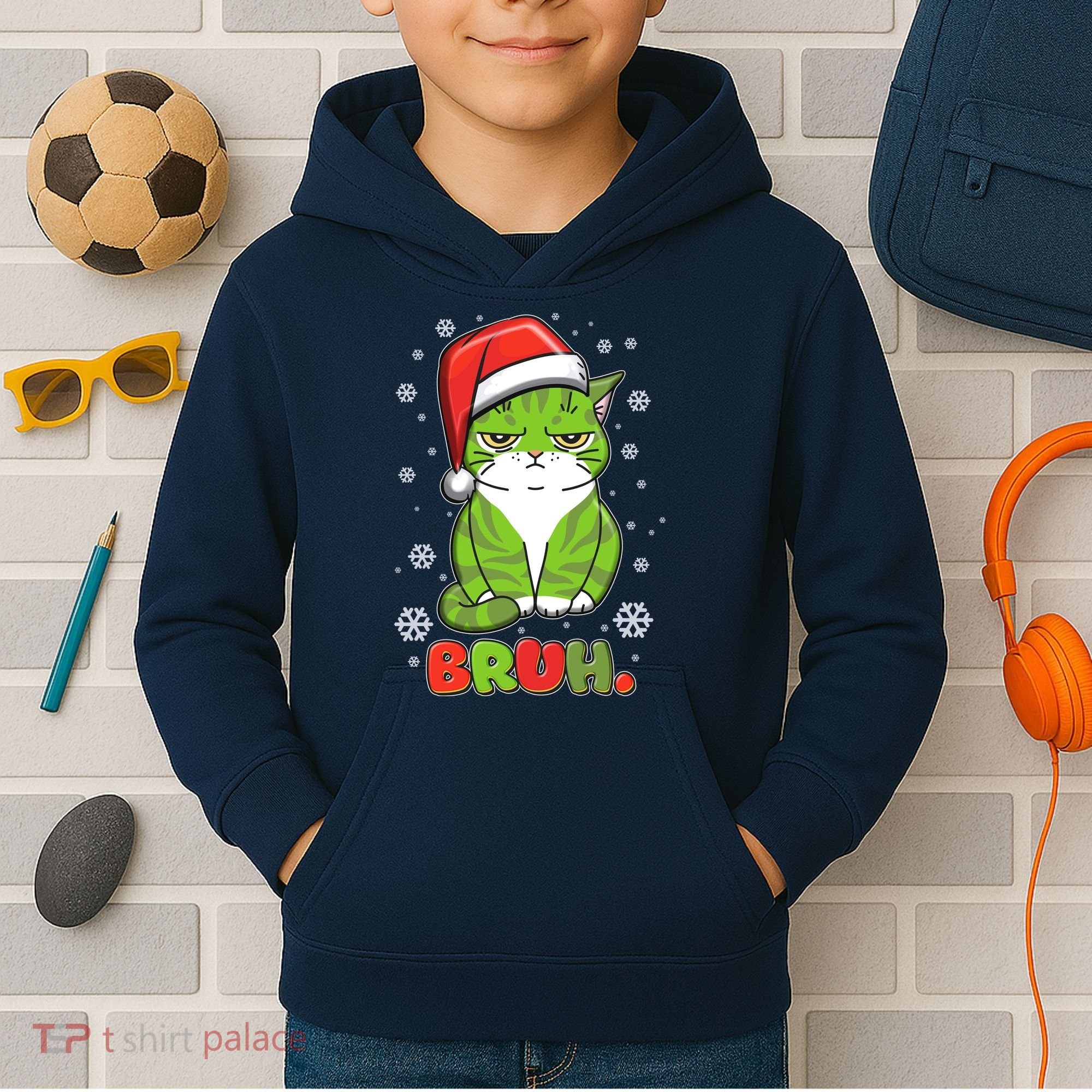 Funny Christmas Bruh Grumpy Grinch Cat Kids Hoodie