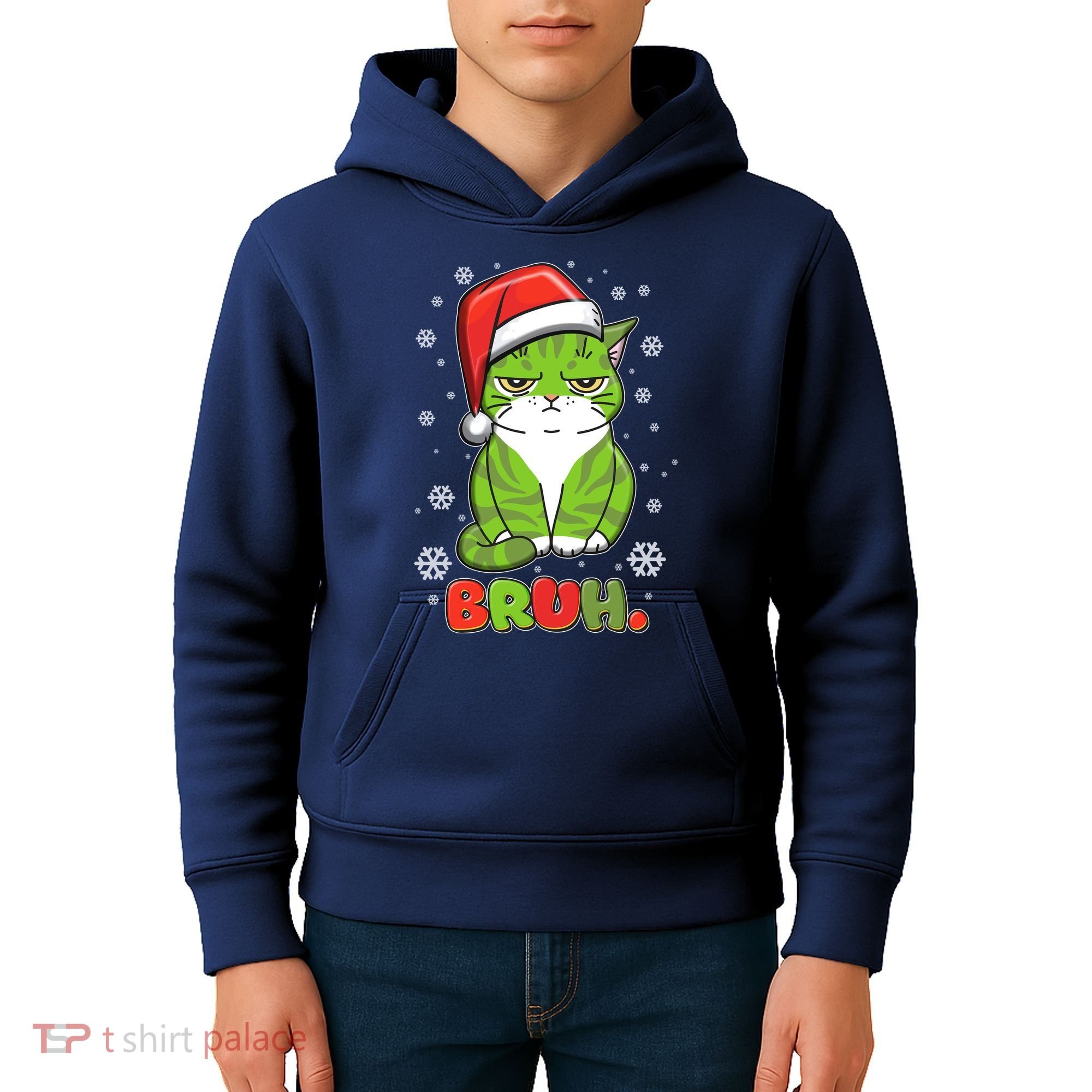 Funny Christmas Bruh Grumpy Grinch Cat Kids Hoodie