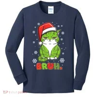 Funny Christmas Bruh Grumpy Grinch Cat Kids Long Sleeve Shirt thumb 0