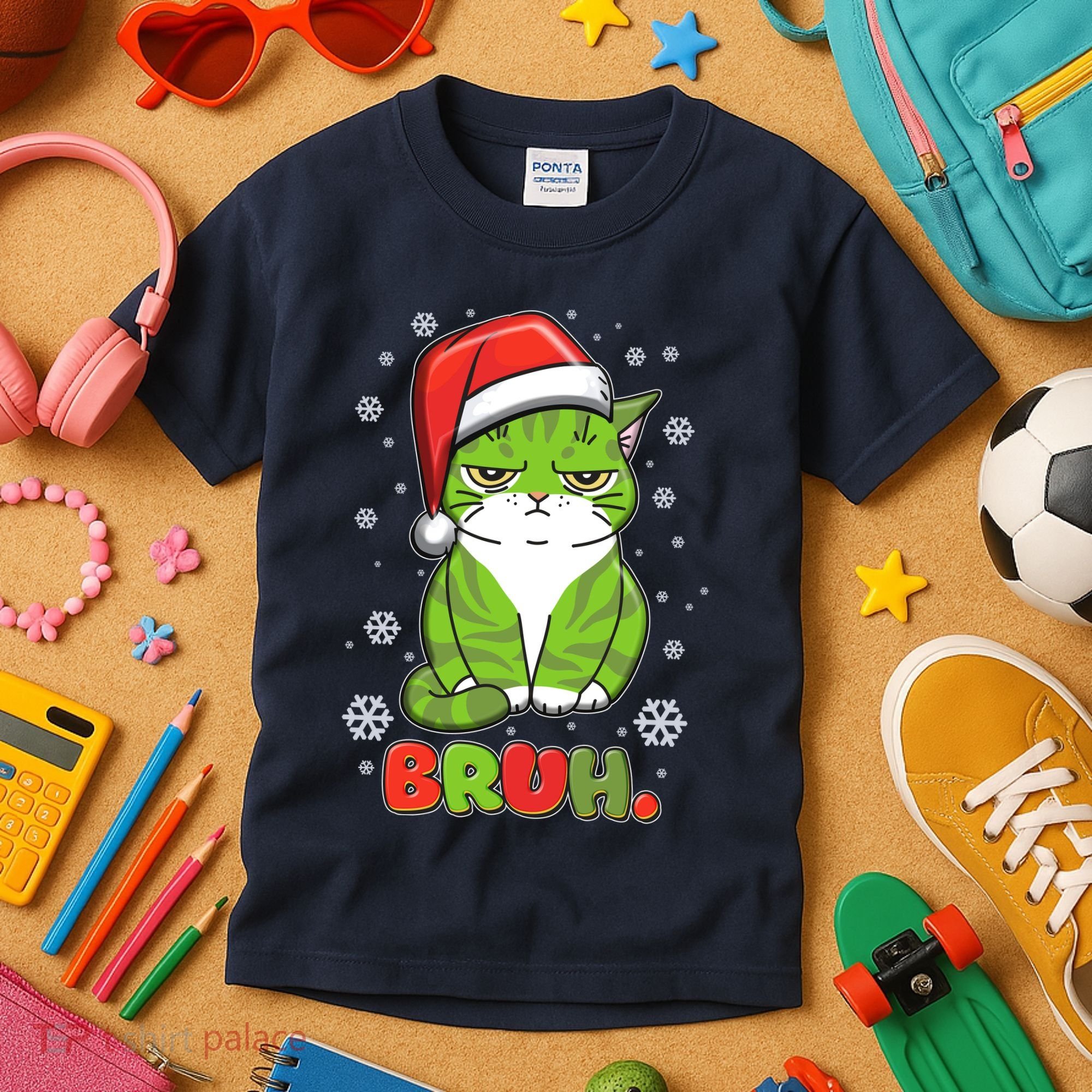 Funny Christmas Bruh Grumpy Grinch Cat Kids T-Shirt