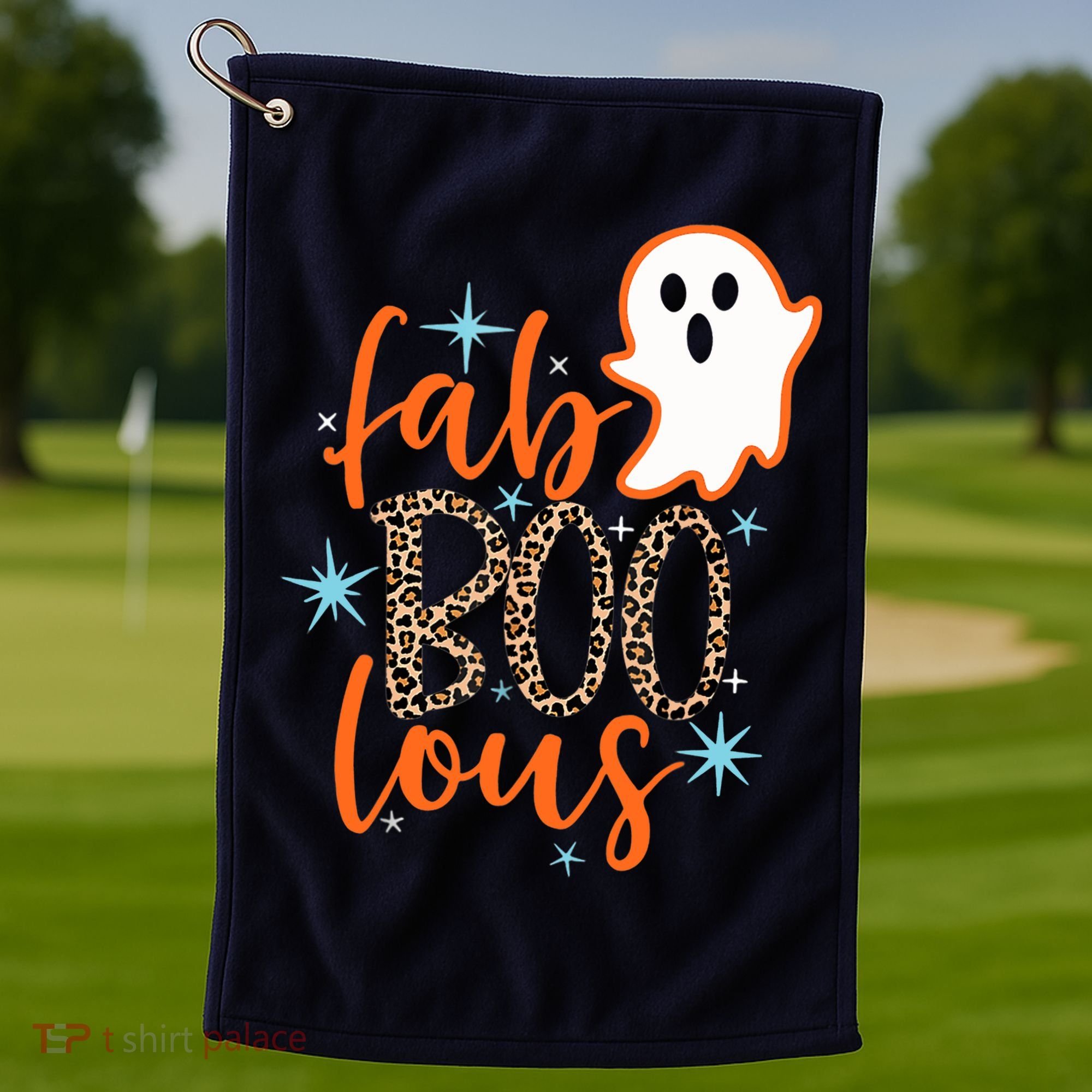 Funny Cute Boo Ghost Halloween Fab-Boo Lous Leopard Golf Towel