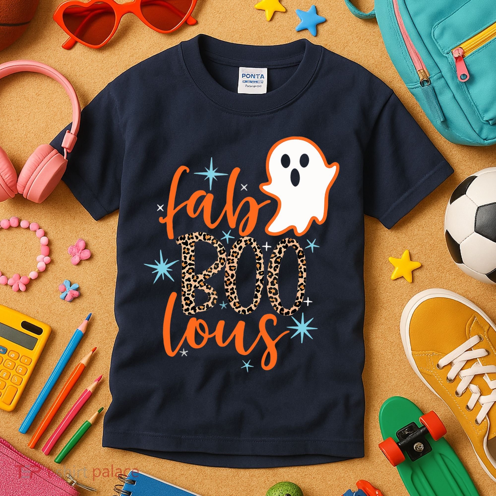 Funny Cute Boo Ghost Halloween Fab-Boo Lous Leopard Kids T-Shirt