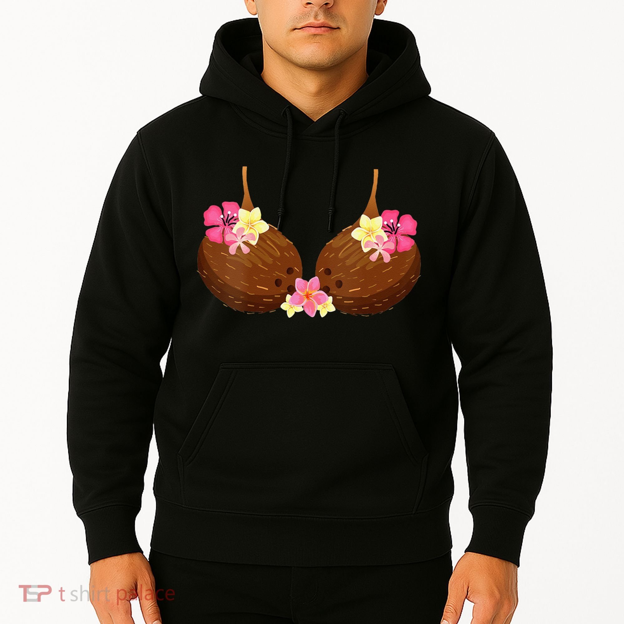 Funny Coconut Bra With Hawaiian Tropical Flowers Hoodie
