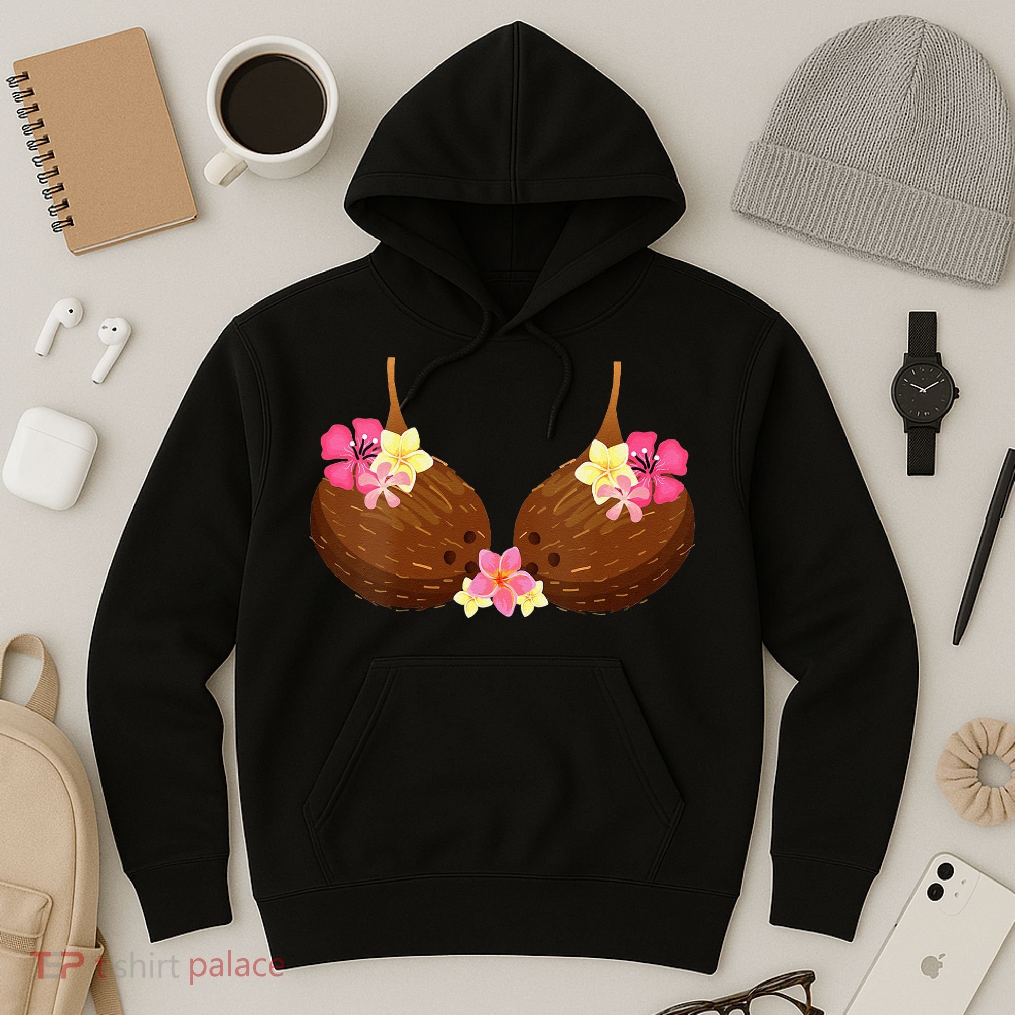 Funny Coconut Bra With Hawaiian Tropical Flowers Hoodie