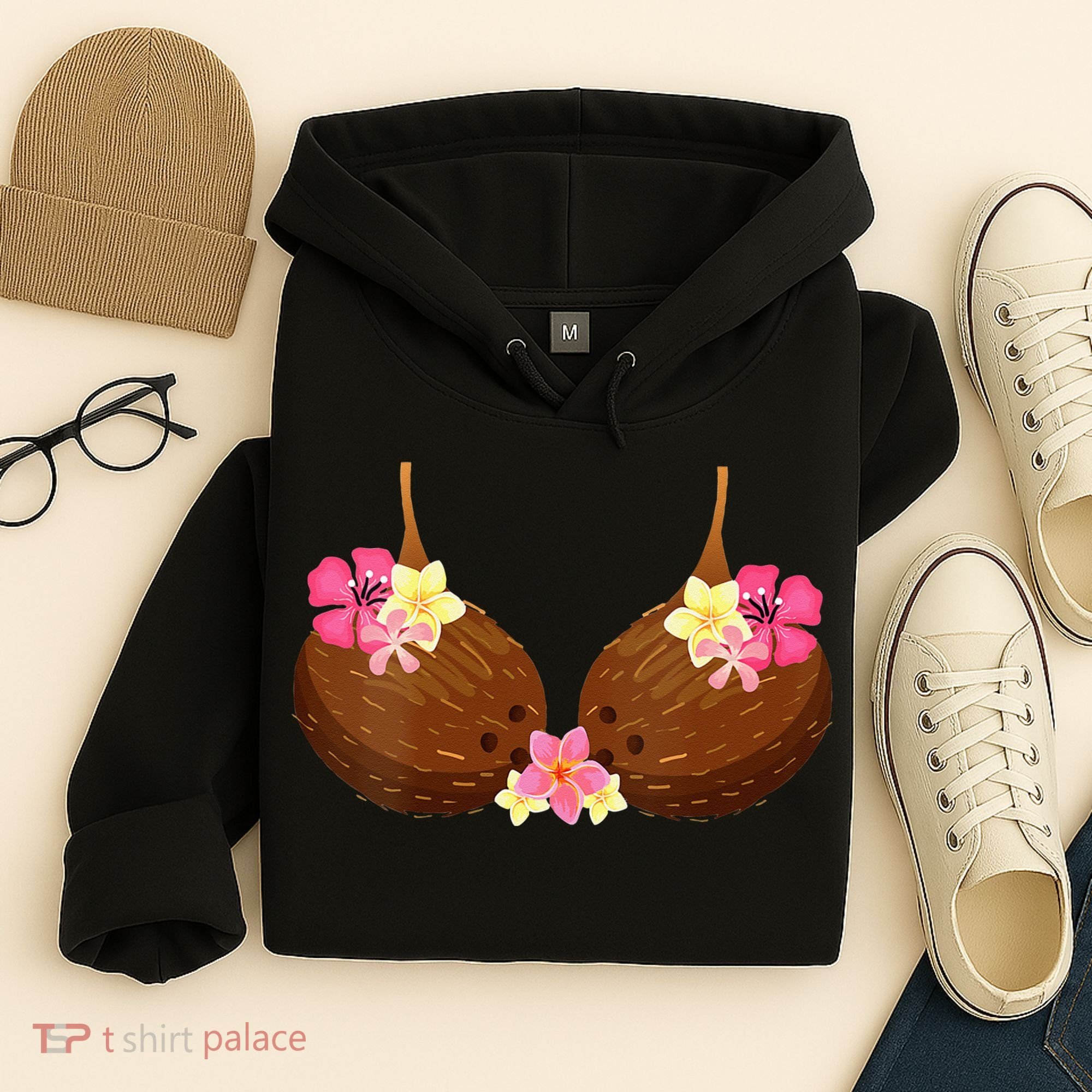 Funny Coconut Bra With Hawaiian Tropical Flowers Hoodie