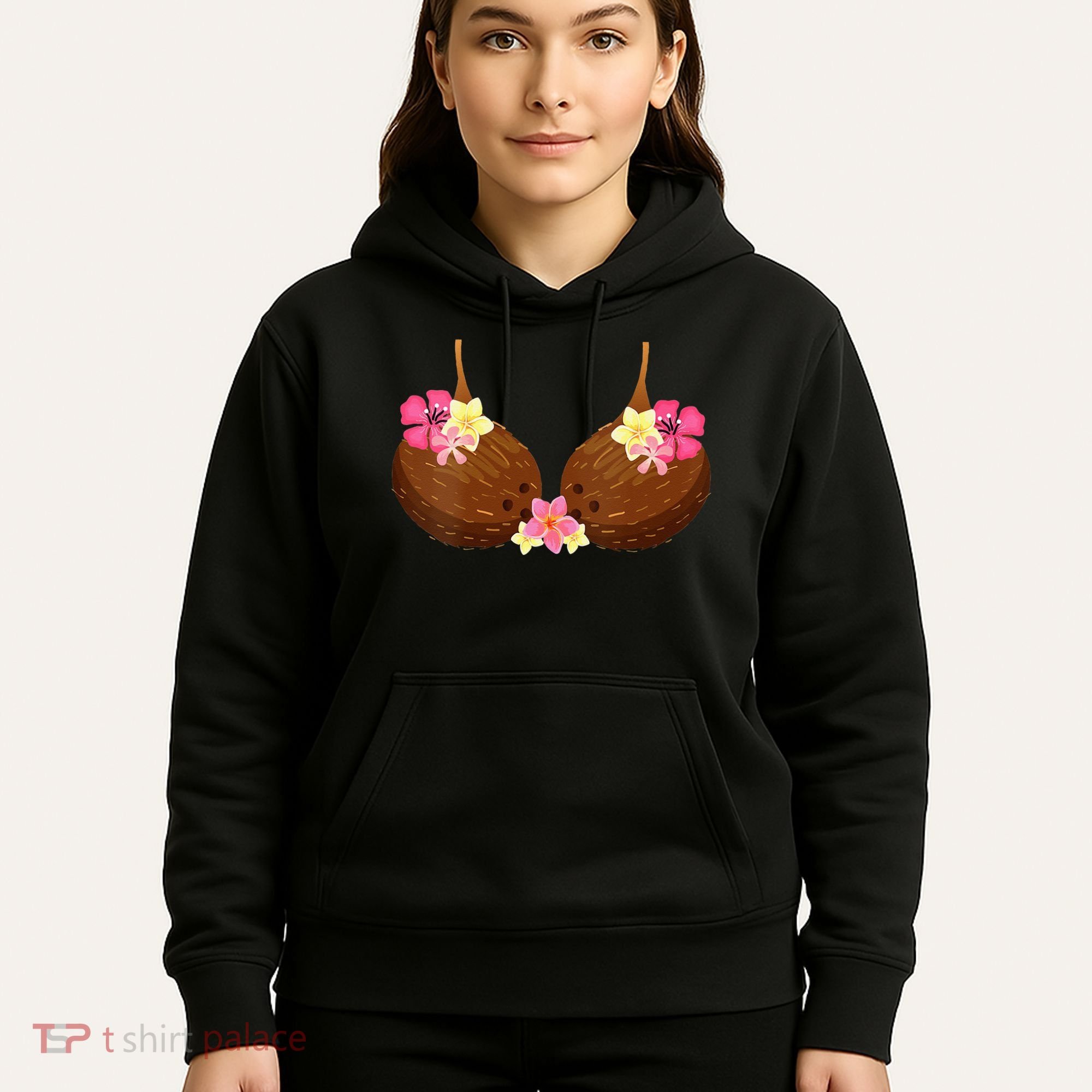 Funny Coconut Bra With Hawaiian Tropical Flowers Hoodie